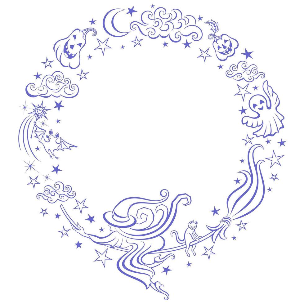 A round autumn pattern for Halloween. A witch and a cat are flying on a broomstick. A bat, a ghost, and pumpkins are in the starry night sky with clouds. vector