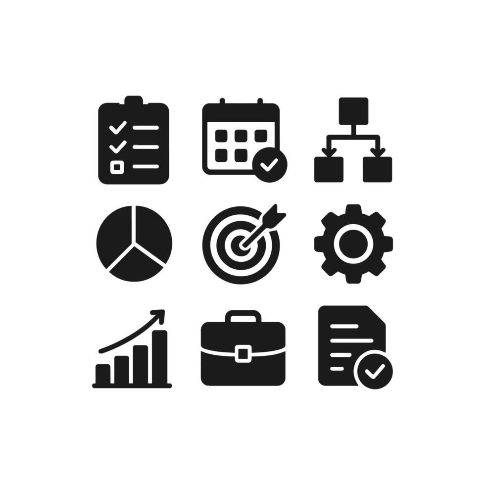 Set of project management icons for planning, business, and organizational concepts. Suitable for presentations, websites, and reports on project management. vector