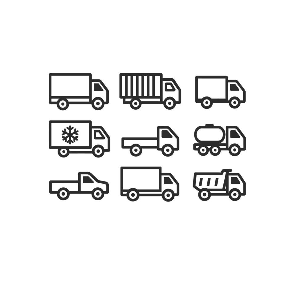 Truck icon set with nine different icons in rows, ideal for transportation, logistics, and deliveryrelated design projects needing variety. vector