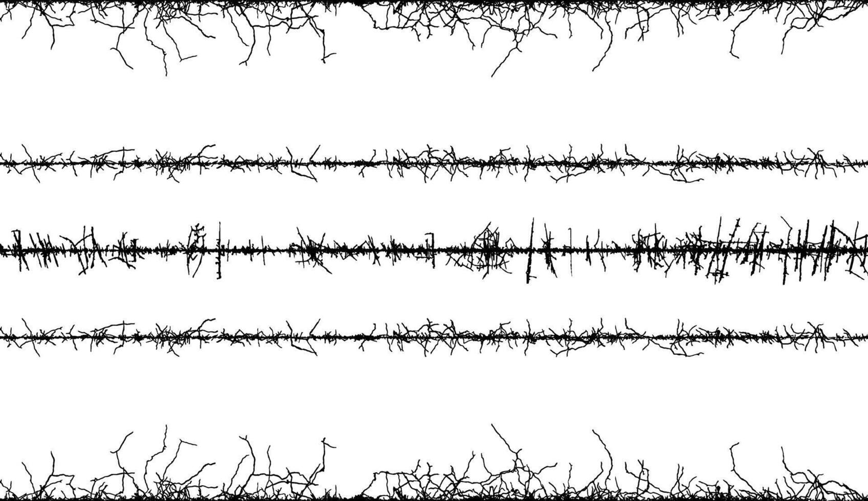 barbed wire background with black and white lines, a black and white image of a tree with branches, barbed wire background with black and white lines, a set of four different sound waves, vector
