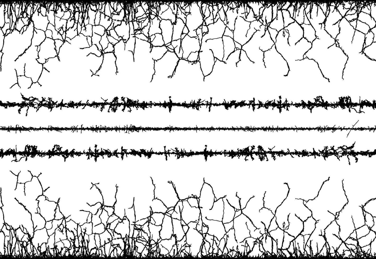 set of barbed wire frame, a black and white image of a tree with branches, barbed wire background with black and white lines, a set of four different sound waves, vector