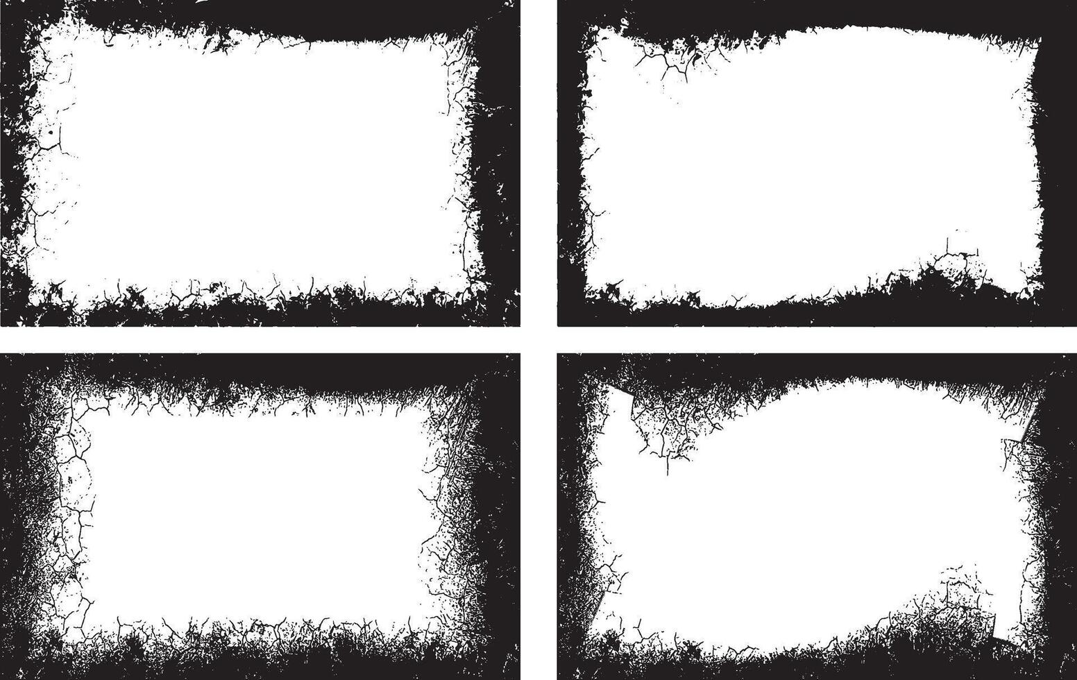 Grunge frame, Set of Four Distressed Grunge Borders and Frames, Set of black and white grunge frames with texture and paint splatter border design vector