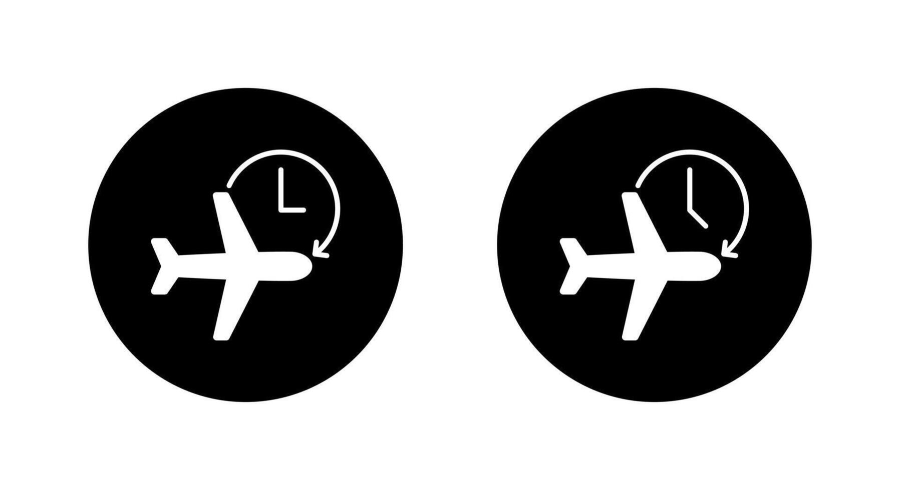 Airplane delay icon in black circle. Flight with clock and circular arrow symbol for schedule change vector