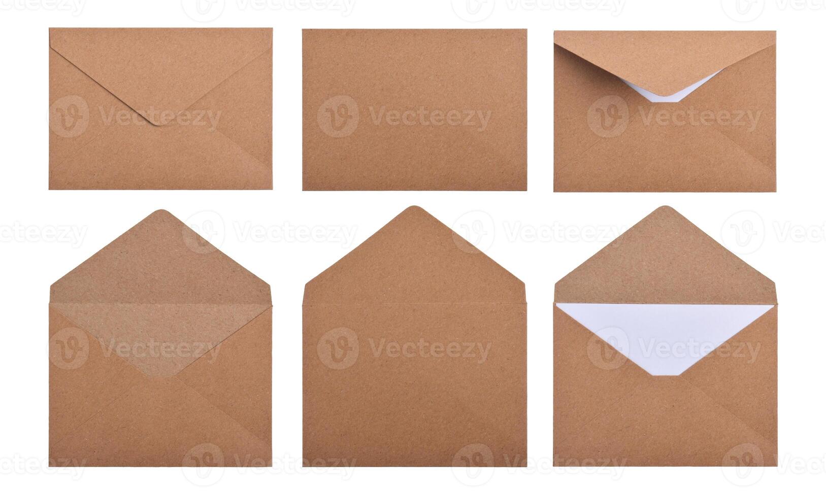 Six Kraft Paper Envelopes Displayed in a Grid, Showing Various Open and Closed States. photo