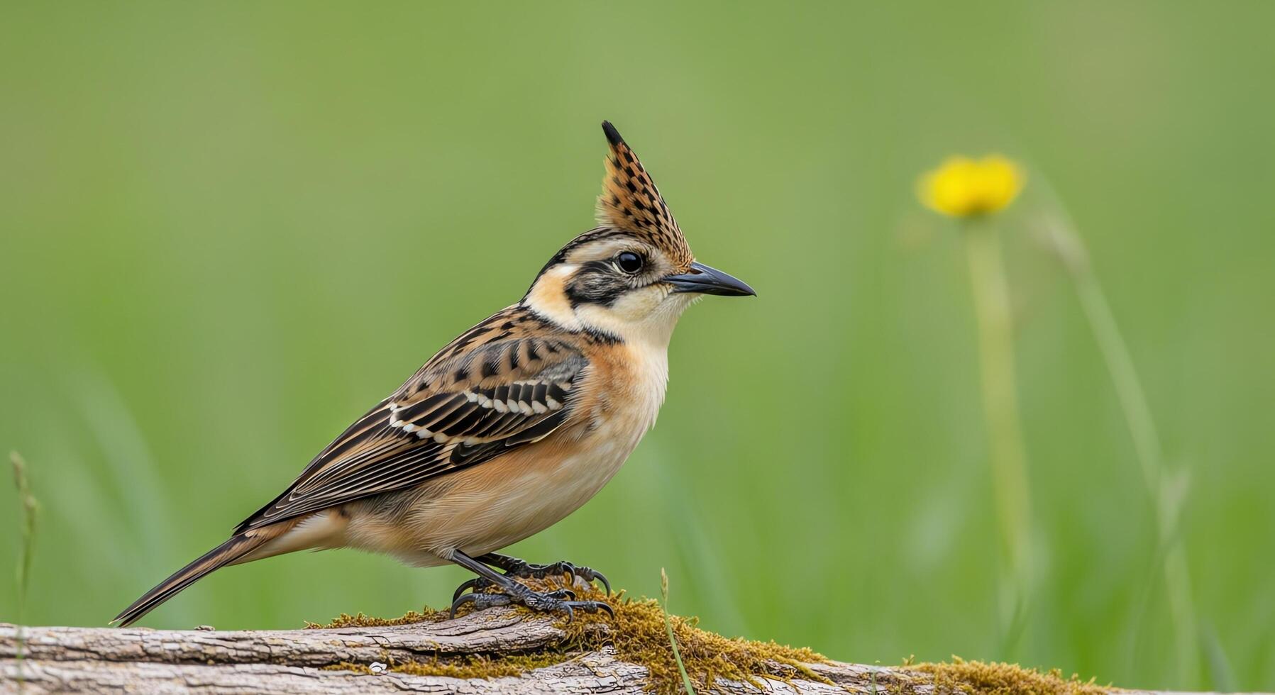 Close-up of a beautiful bird with a distinctive crest perched on a moss-covered log in a natural setting photo
