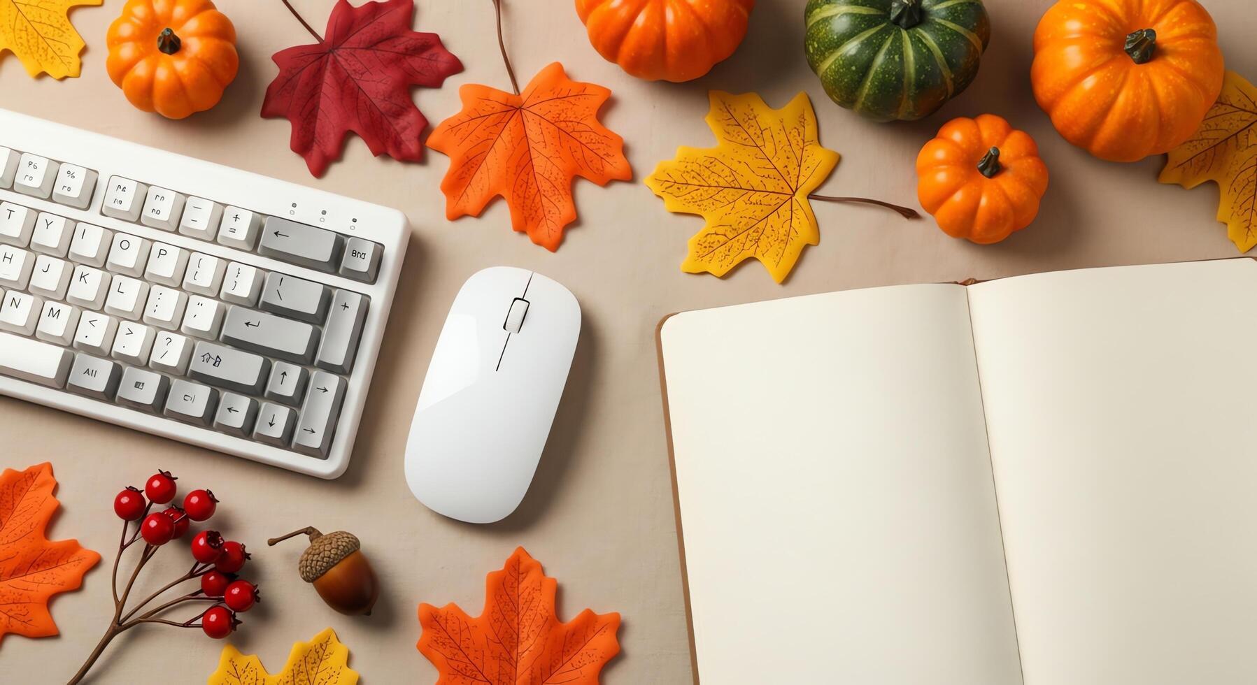 Cozy autumn workspace setup with a keyboard, mouse, open notebook, and fall leaves photo