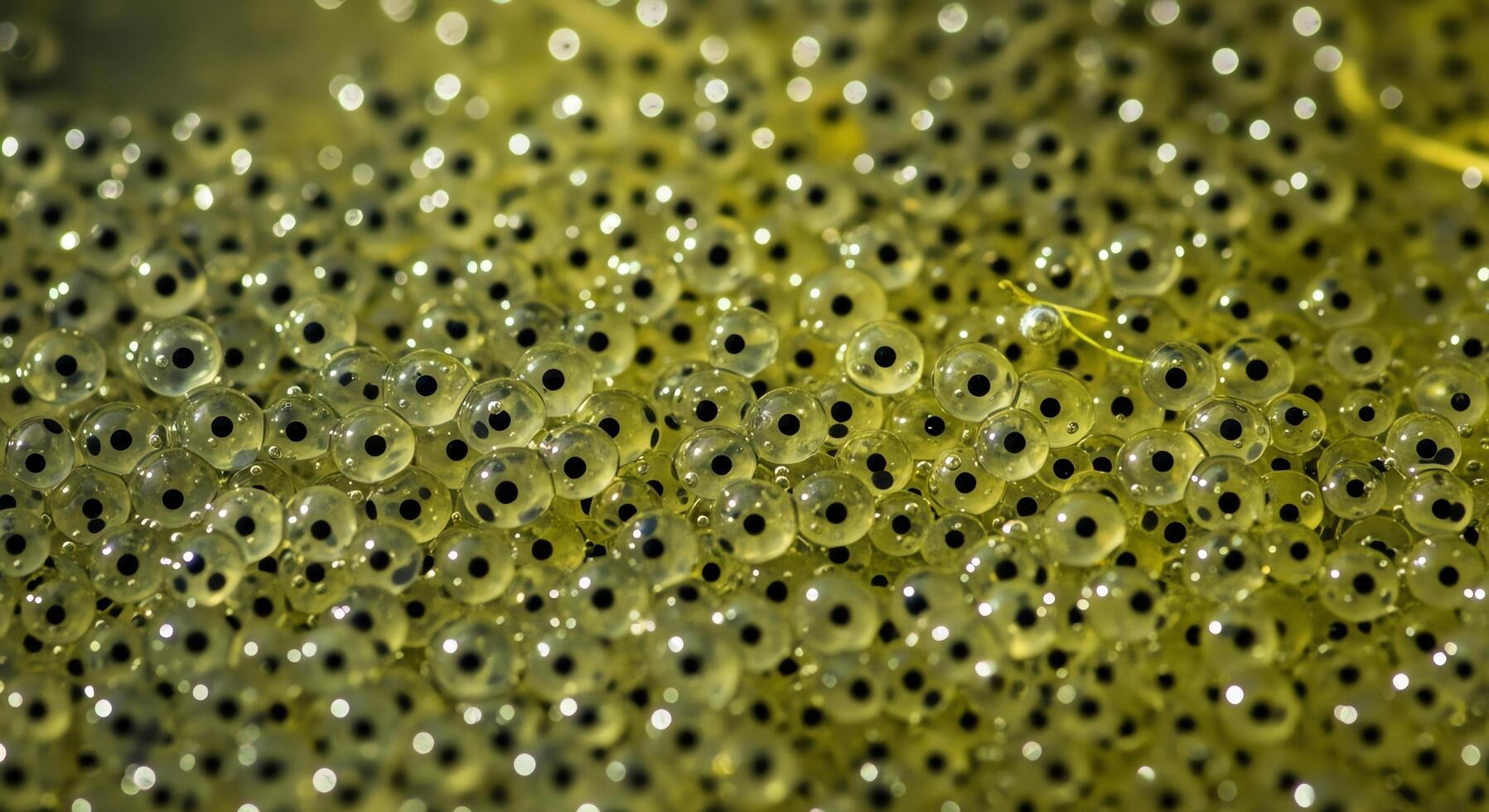 A close-up macro photograph revealing the intricate details of a cluster of frog eggs, showing tiny black pupils within transparent spheres, representing new life and the beginnings of nature's cycle photo