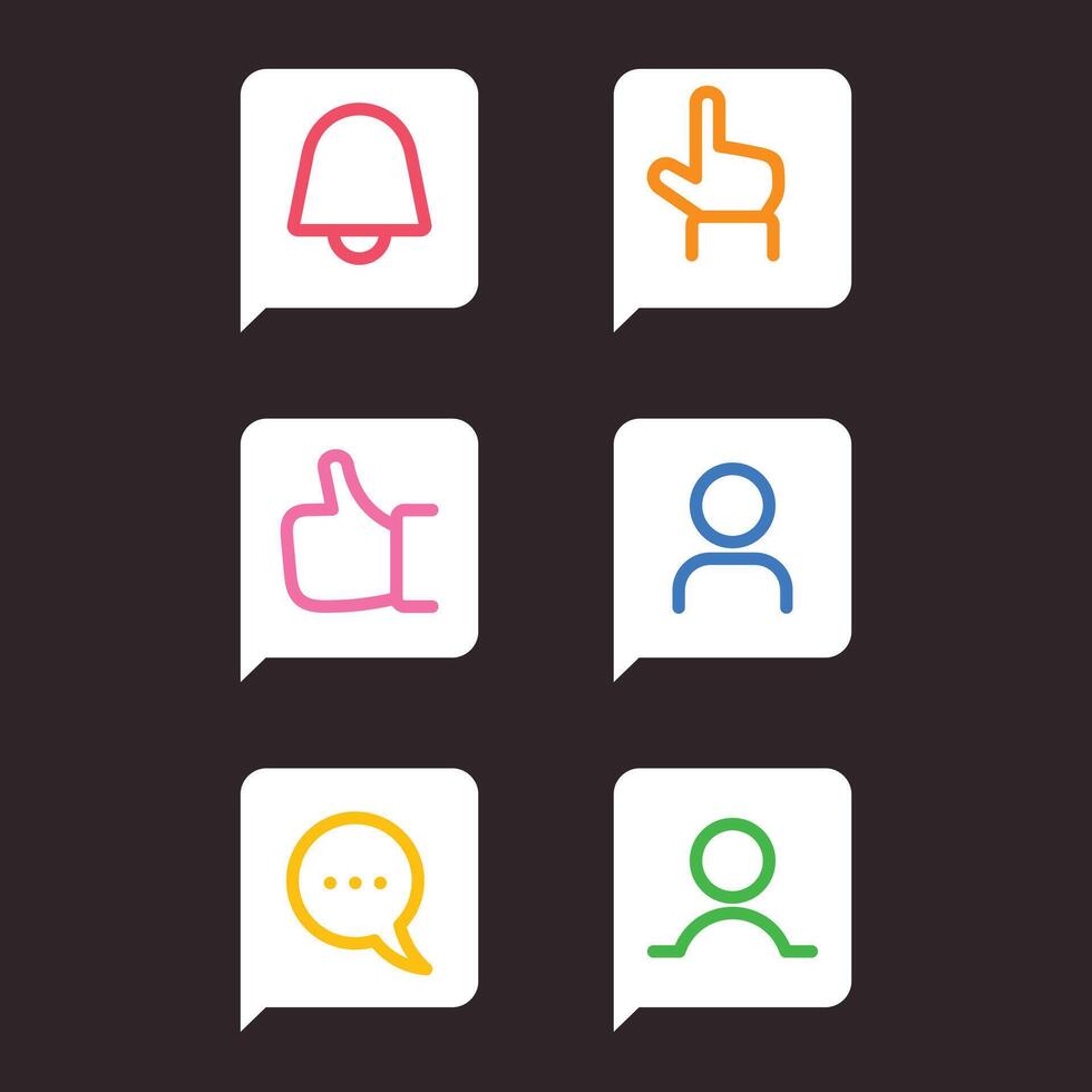 A vibrant collection of outlined user interface icons, perfect for web and mobile applications, representing notifications, likes, messages, and user profiles in a modern, engaging style vector