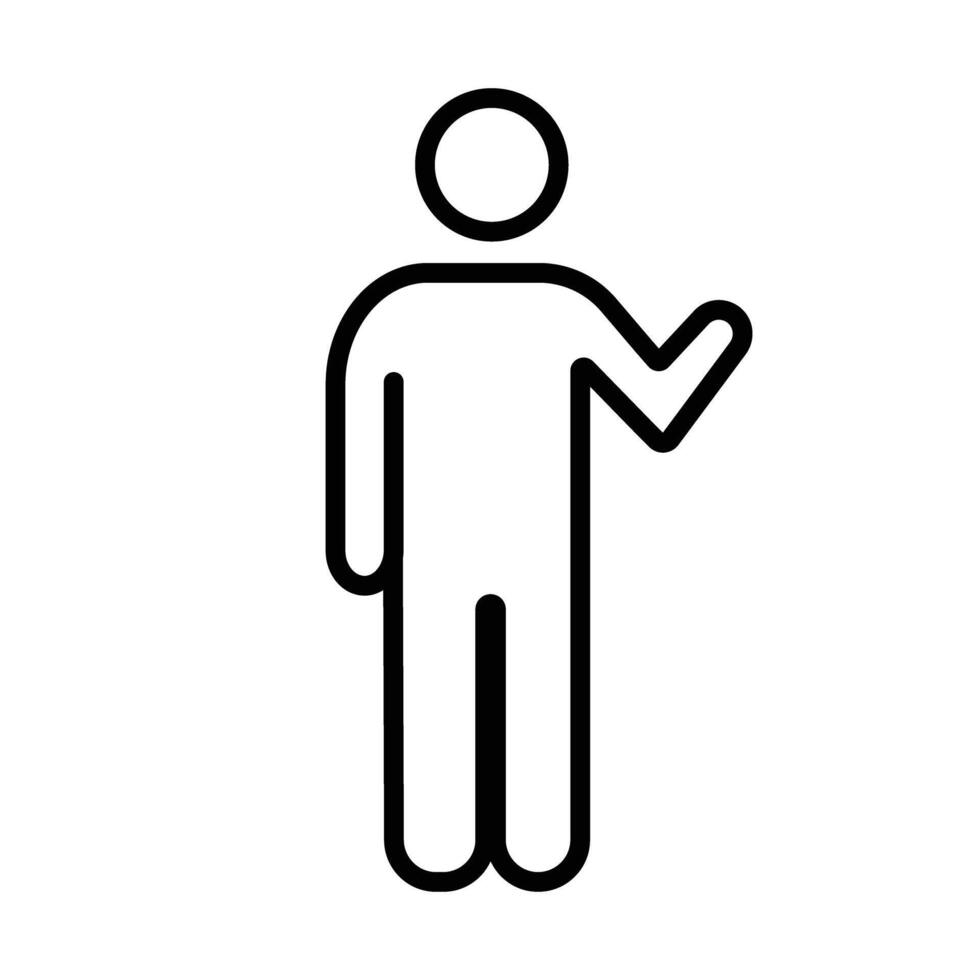 Simple line icon of a stick person with one arm raised and hand gesturing. Represents guidance, direction, presentation, or indicating a way. vector