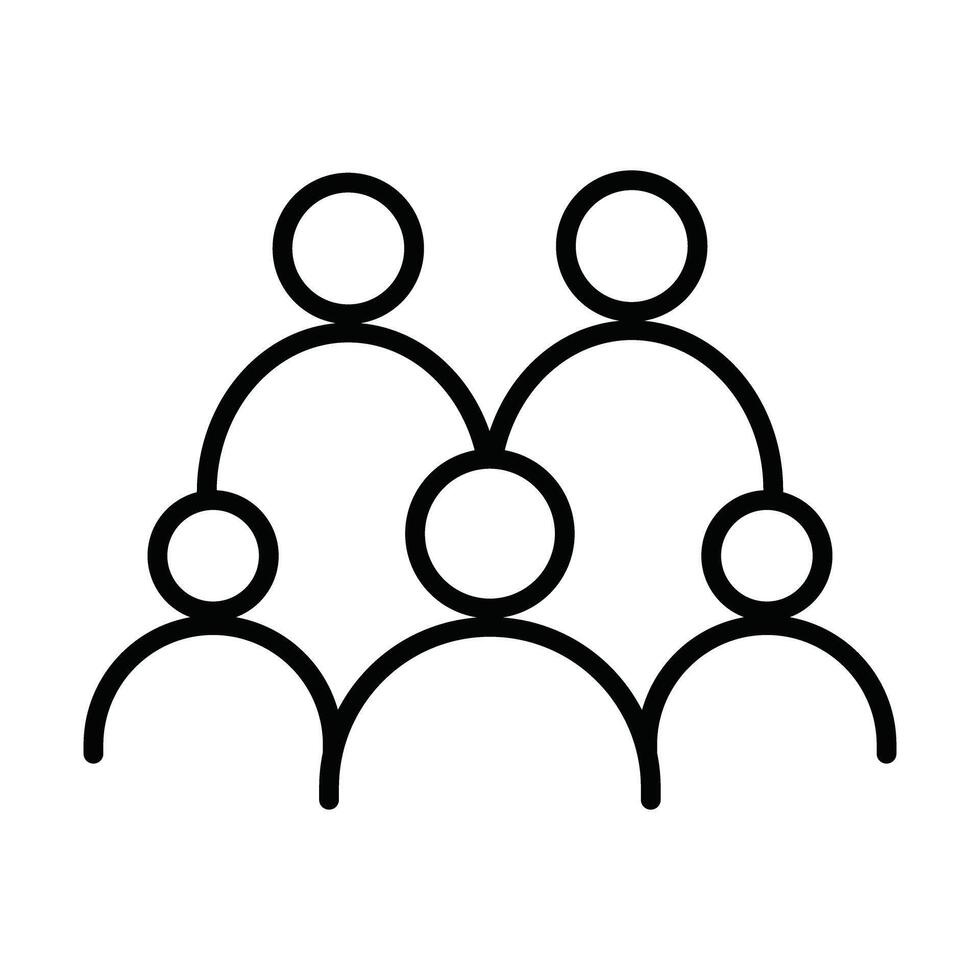 Minimalist line icon showing five abstract figures connected in a layered structure. Represents team dynamics, social network, or a small community. vector