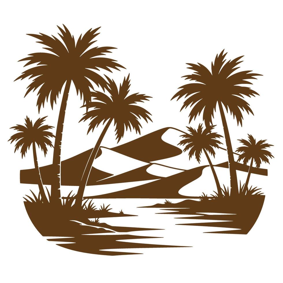Desert oasis scene with palm trees and dunes in vintage art style vector