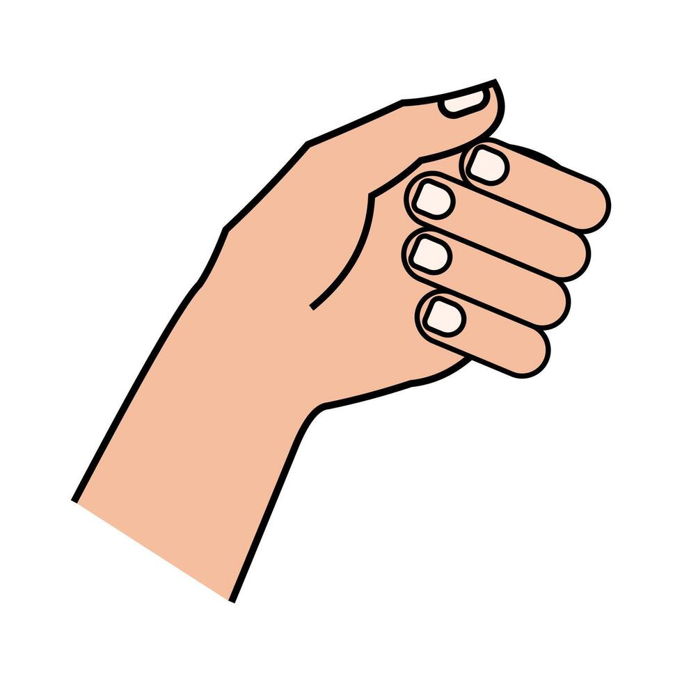 Cartoon style human fist with thumb resting across curled fingers on white background, symbolizing strength, readiness, unity, and personal action in clean design. vector