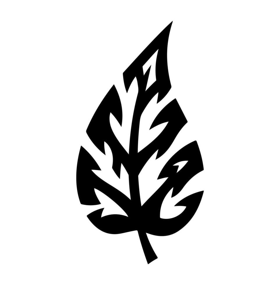 A stylized black leaf silhouette with intricate cut-out patterns, set against a white background vector