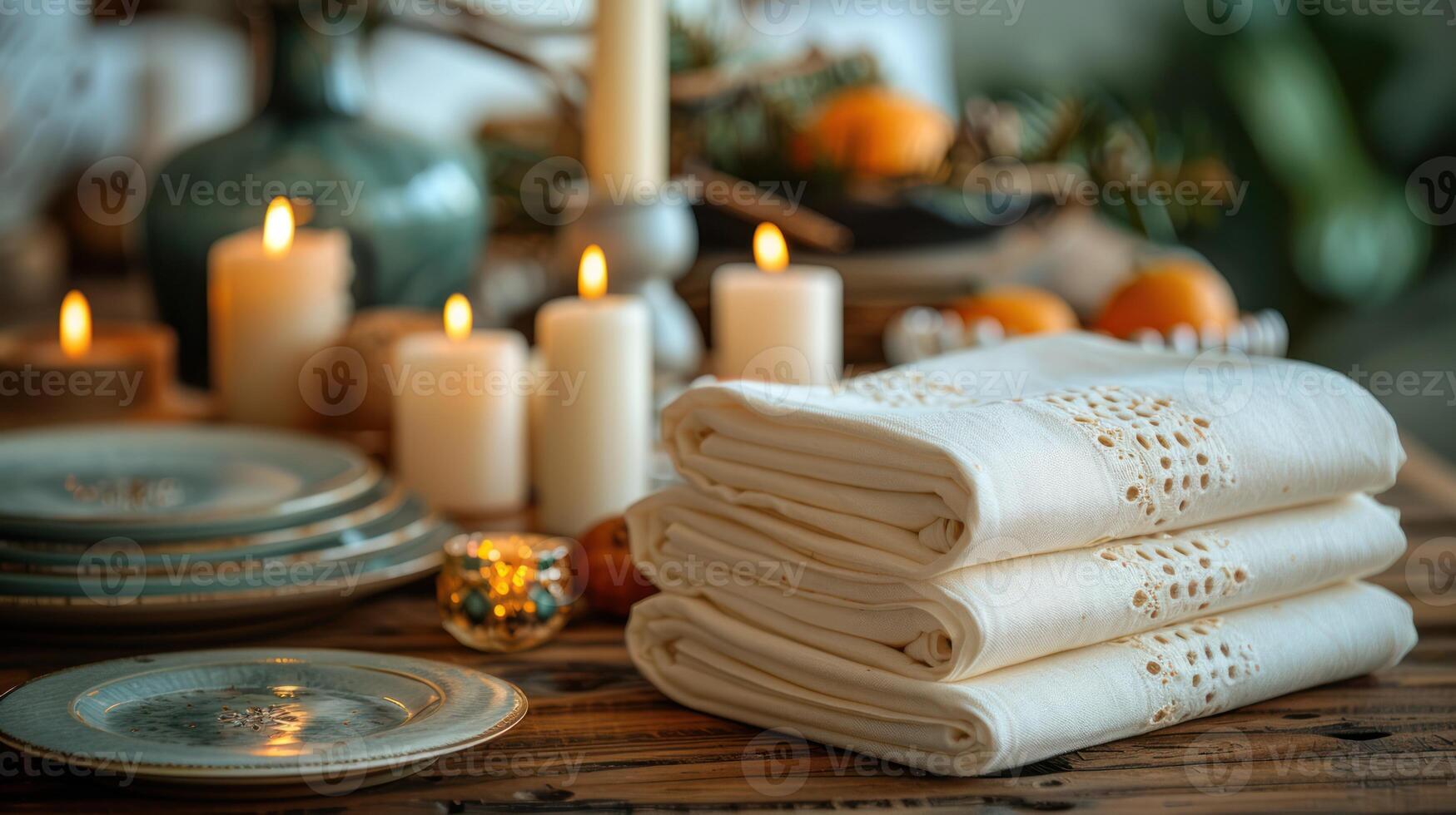 Cozy Table Setting with Folded Linens, Candles, and Plates for Autumn Celebration, decor photo