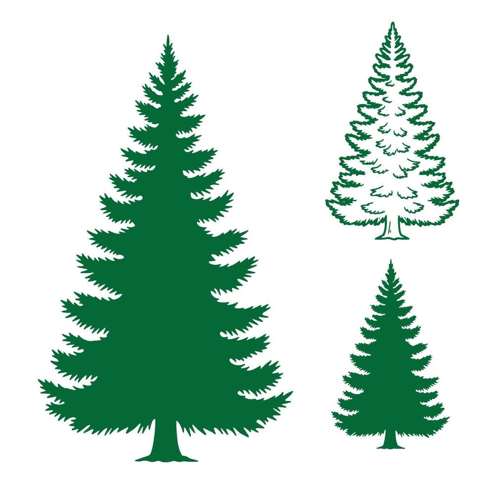 Silhouette illustrations of evergreen christmas trees in different styles on a white background vector
