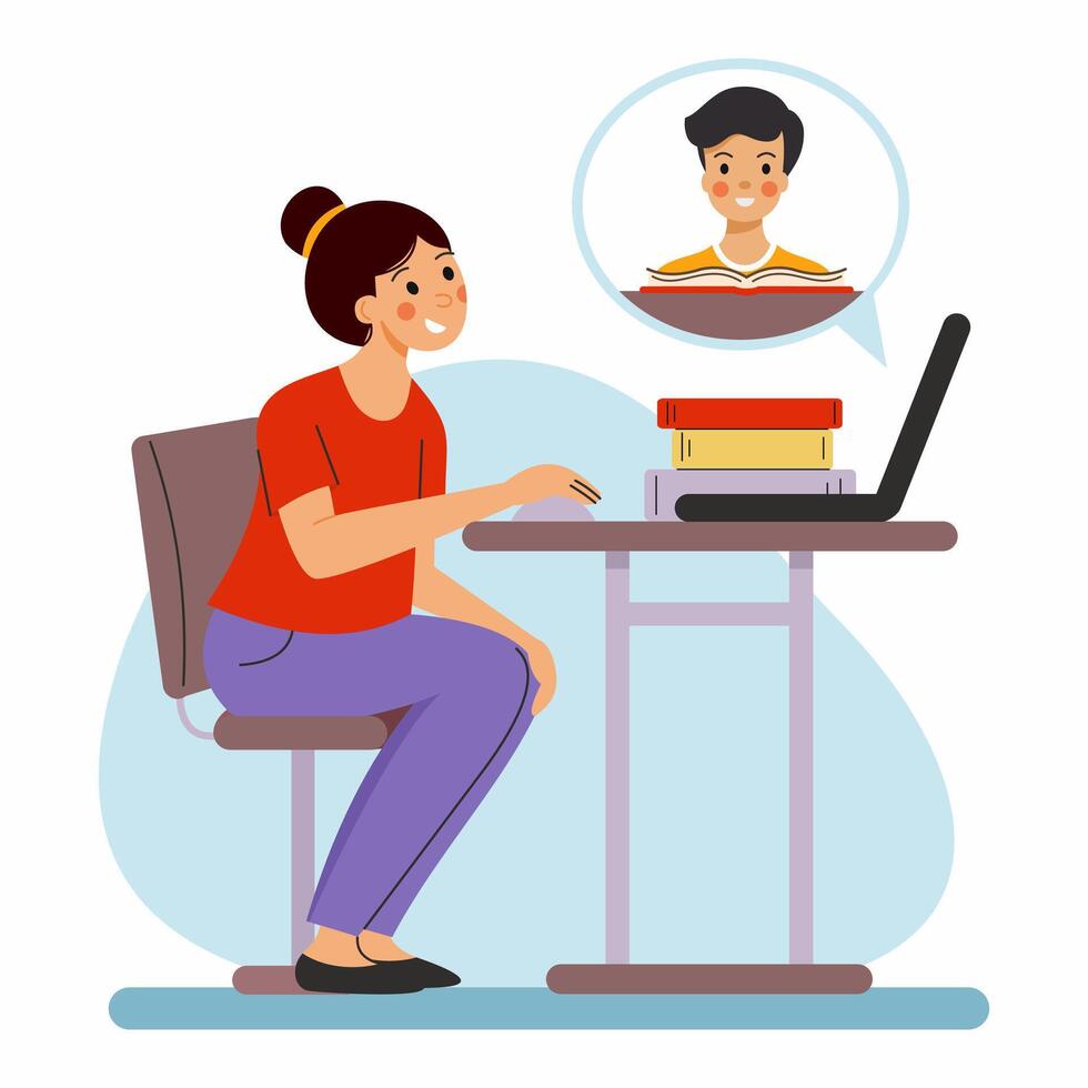 Online learning session with student engaged in virtual class and teacher on screen while studying at home vector