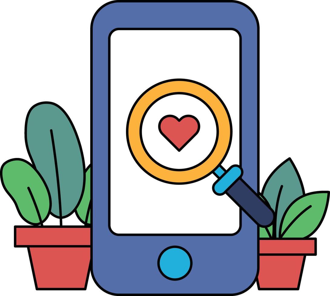 A phone with a magnifying glass on it and a heart in the middle vector