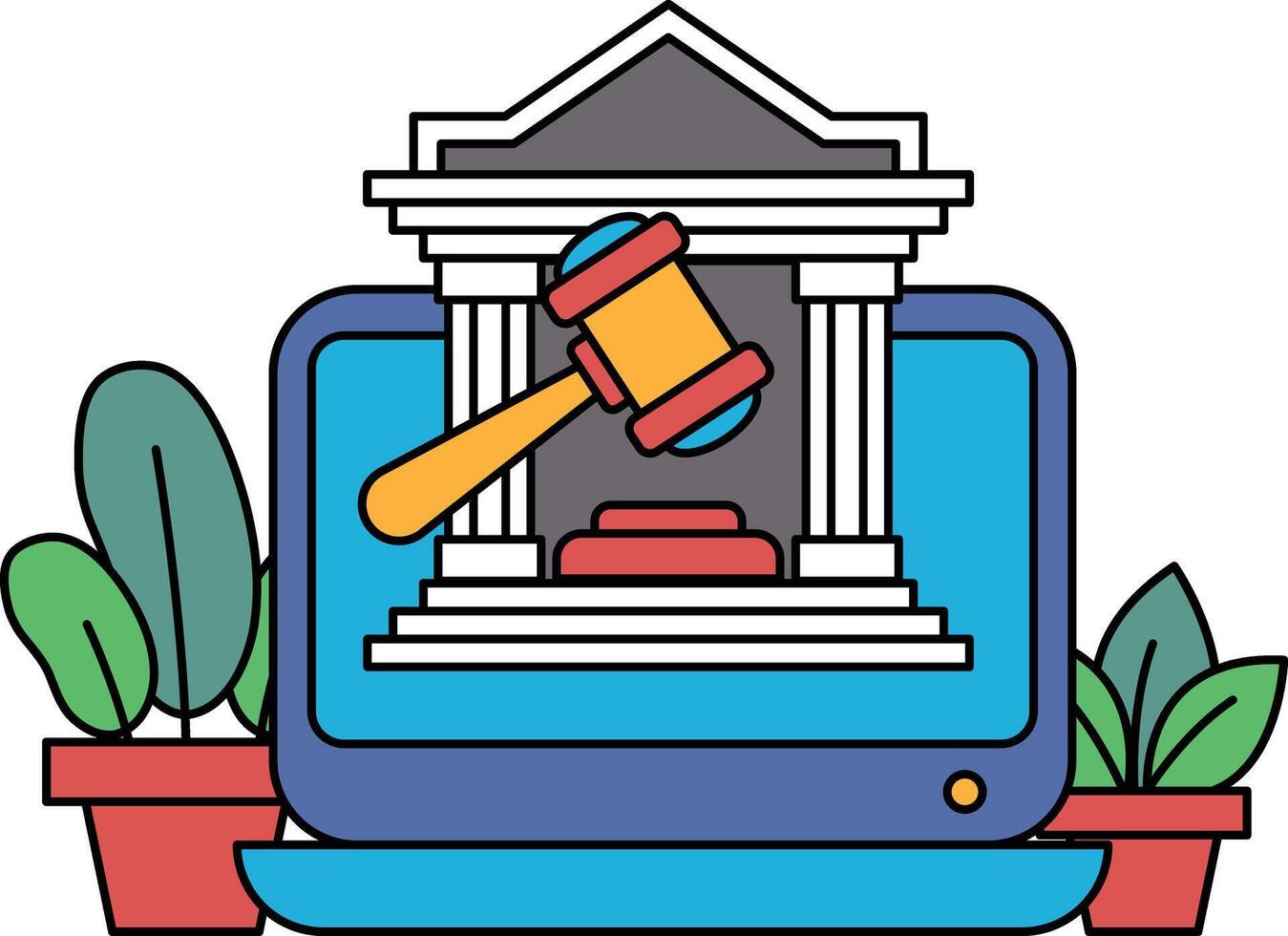 A laptop computer is shown with a gavel and a building in the background vector