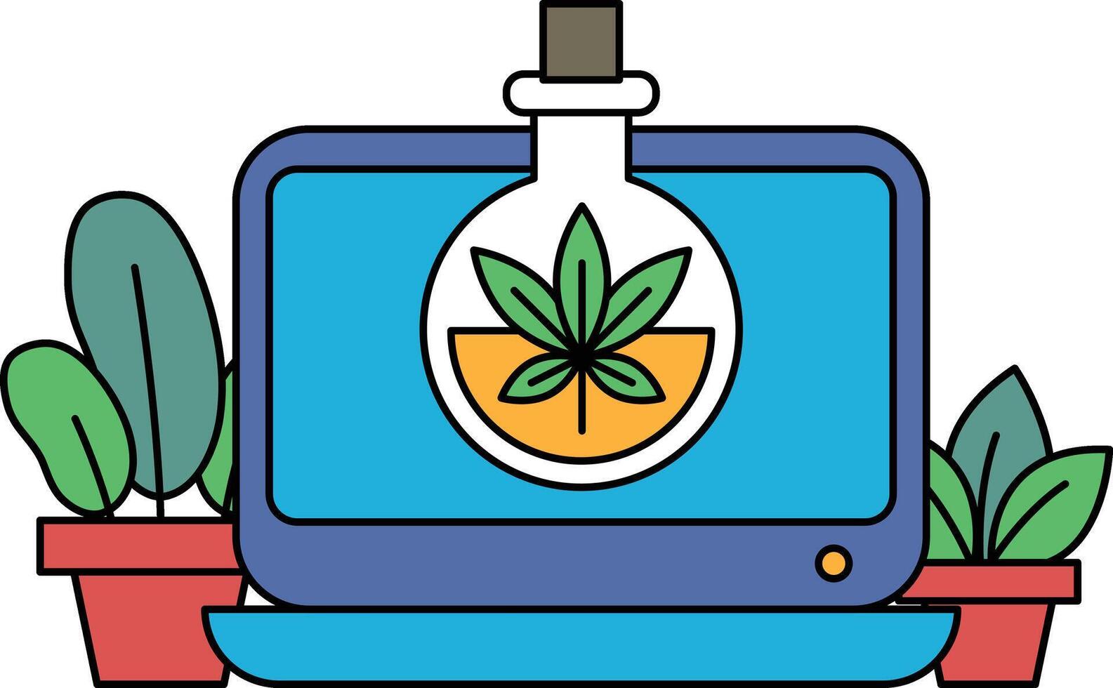 A computer monitor with a plant in a glass jar on it vector