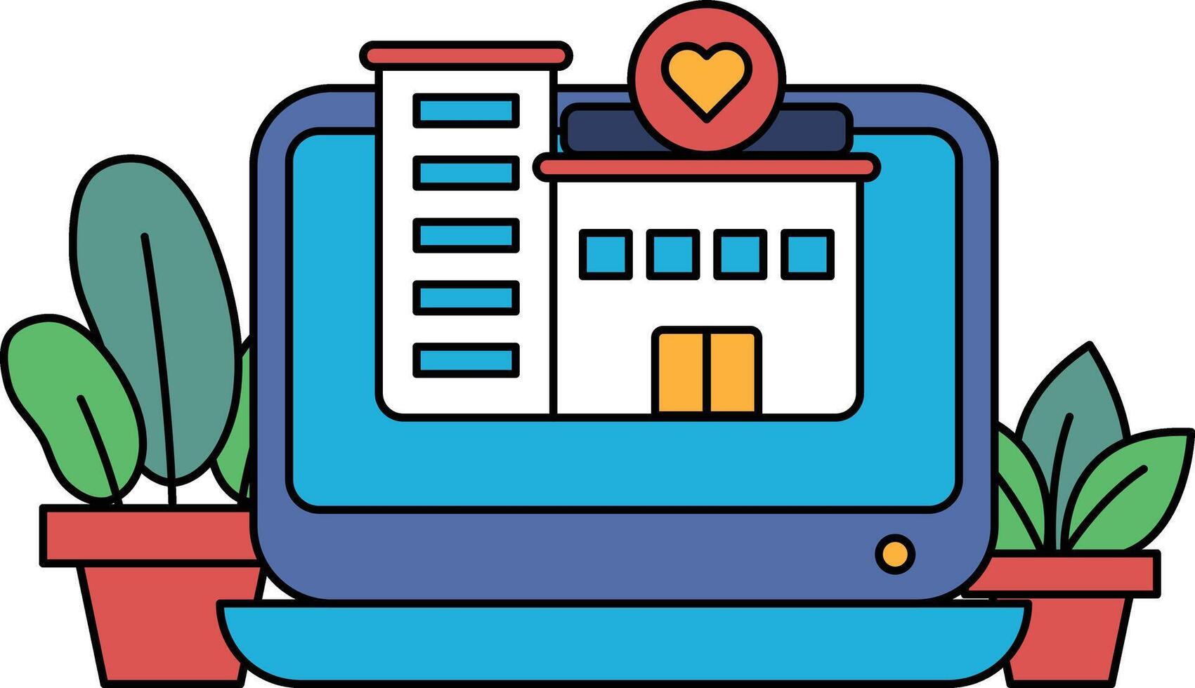 A computer monitor shows a building with a heart on it vector
