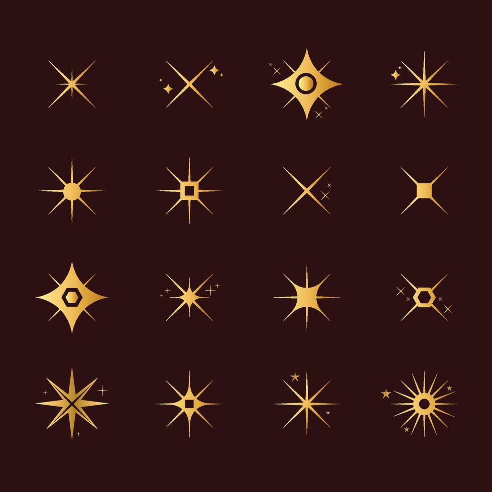 Sparkle, stars or shine icon set collection of different stars in gold color. Shine icon for magic, pattern, doodle, light and charm use vector