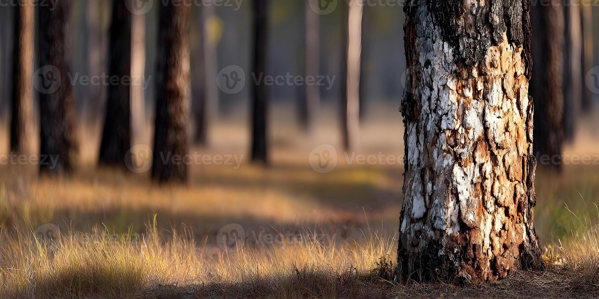 A prominent tree trunk with rough bark stands out in a sunlit forest with a soft warm lighting and blurred background photo