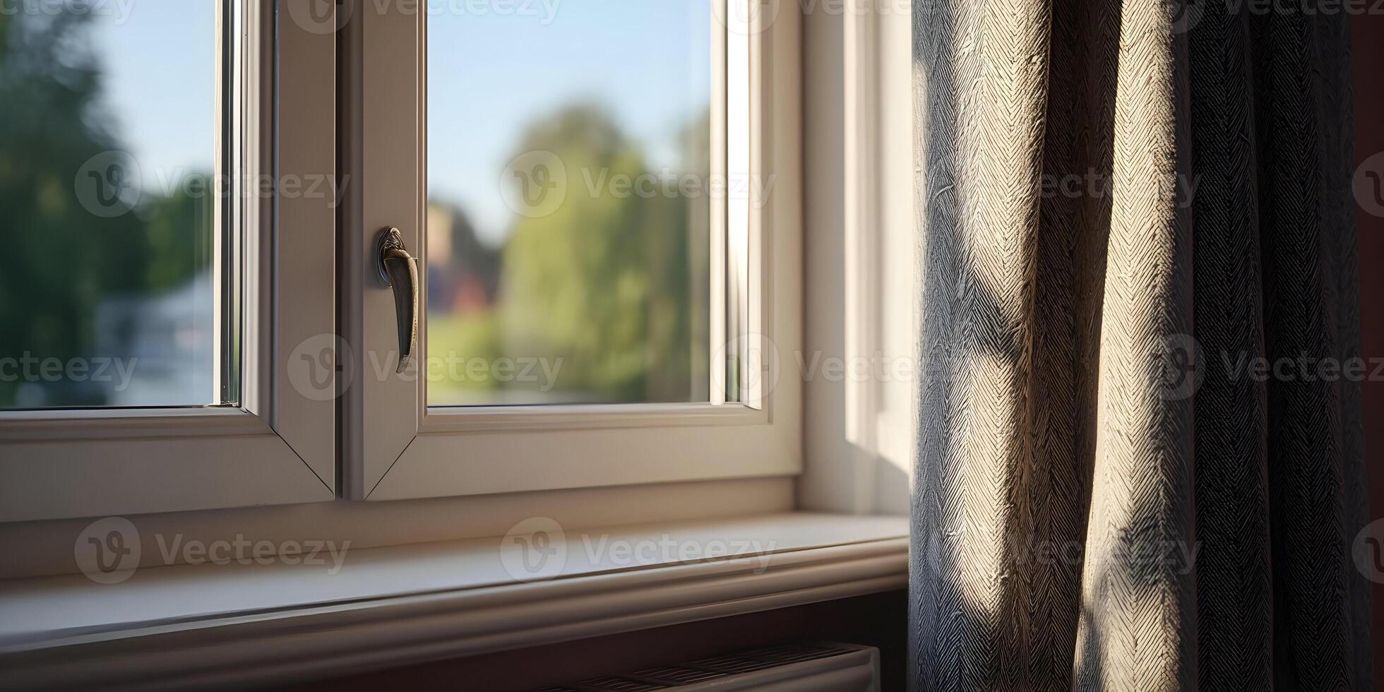 A window with a white frame and handle next to a herringbone patterned curtain with sunlight creating shadows photo