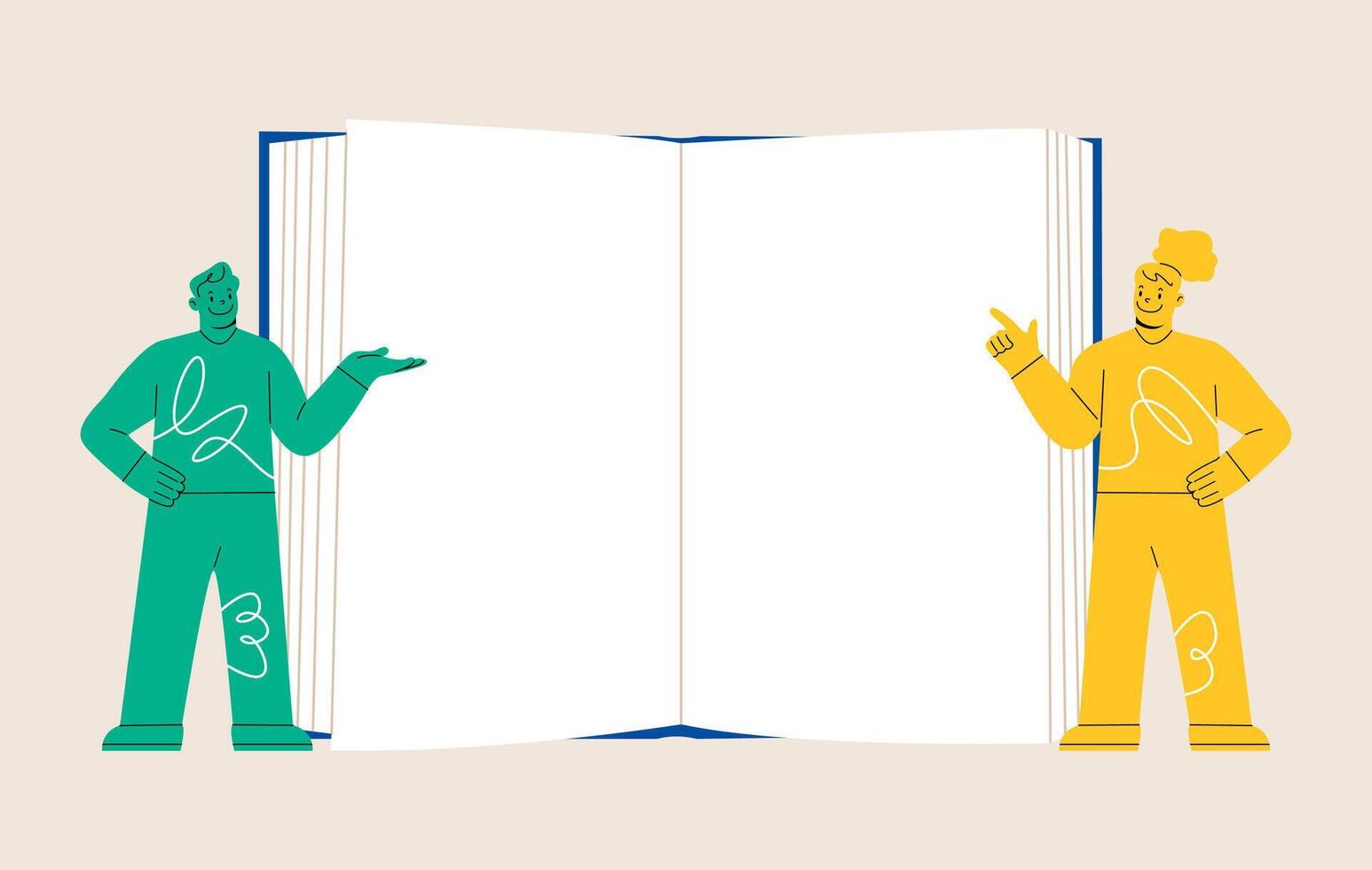 Man and woman standing in front of big empty opened book. Colorful illustration vector