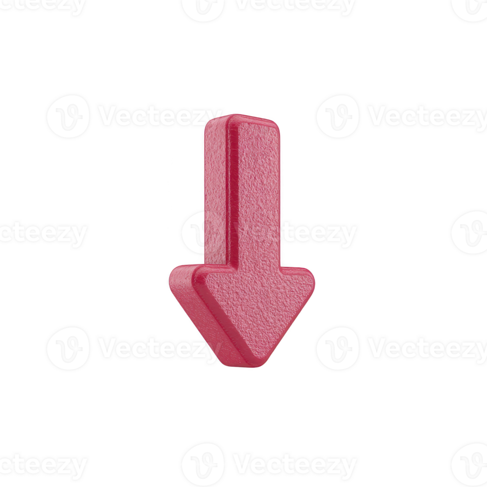 Red arrow 3D isolated downward textured symbol direction navigation graphic icon simple bold design pointer object plastic sign modern minimal vibrant concept shape illustration element attention png