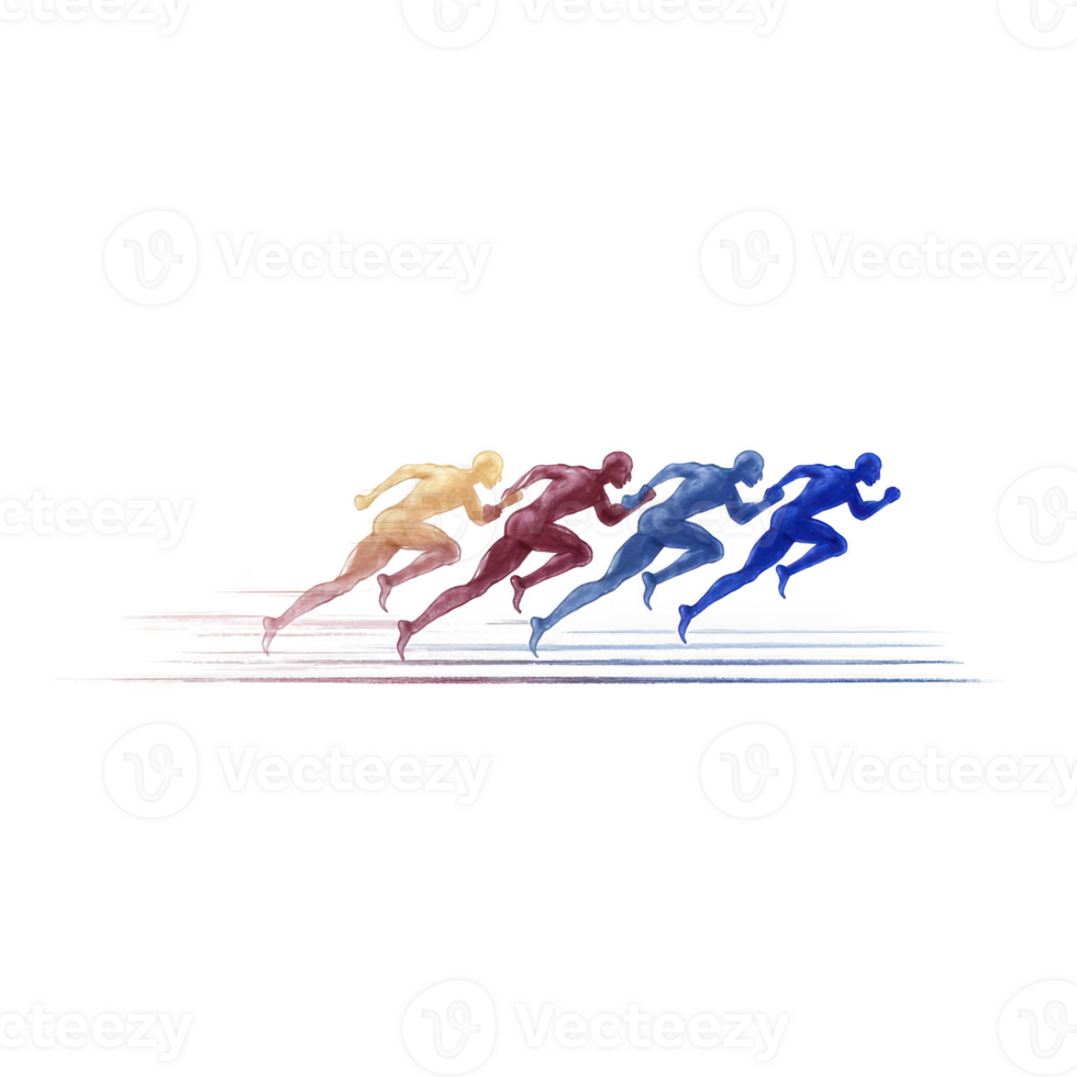 Four colorful runners sprinting in dynamic motion, abstract style, energetic and competitive atmosphere, isolated on transparency background, symbolizing speed and teamwork png