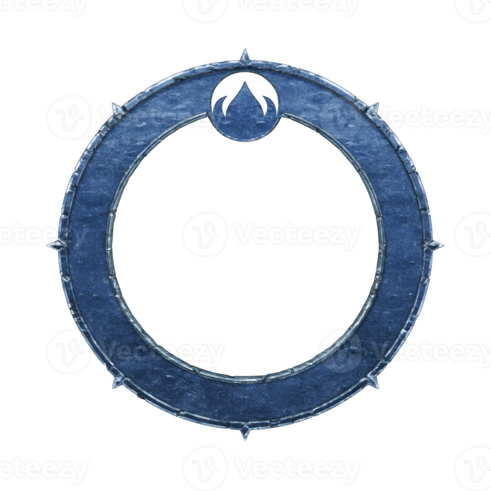 Blue circular frame, metallic texture, with pointed accents and white abstract leaf symbol at top, isolated on transparent background, modern and minimal design png
