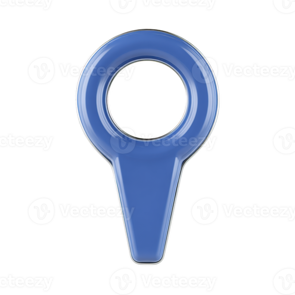 Blue location pin icon, 3D map marker symbol with glossy finish, navigation pointer, isolated on transparent background, modern design, digital illustration png