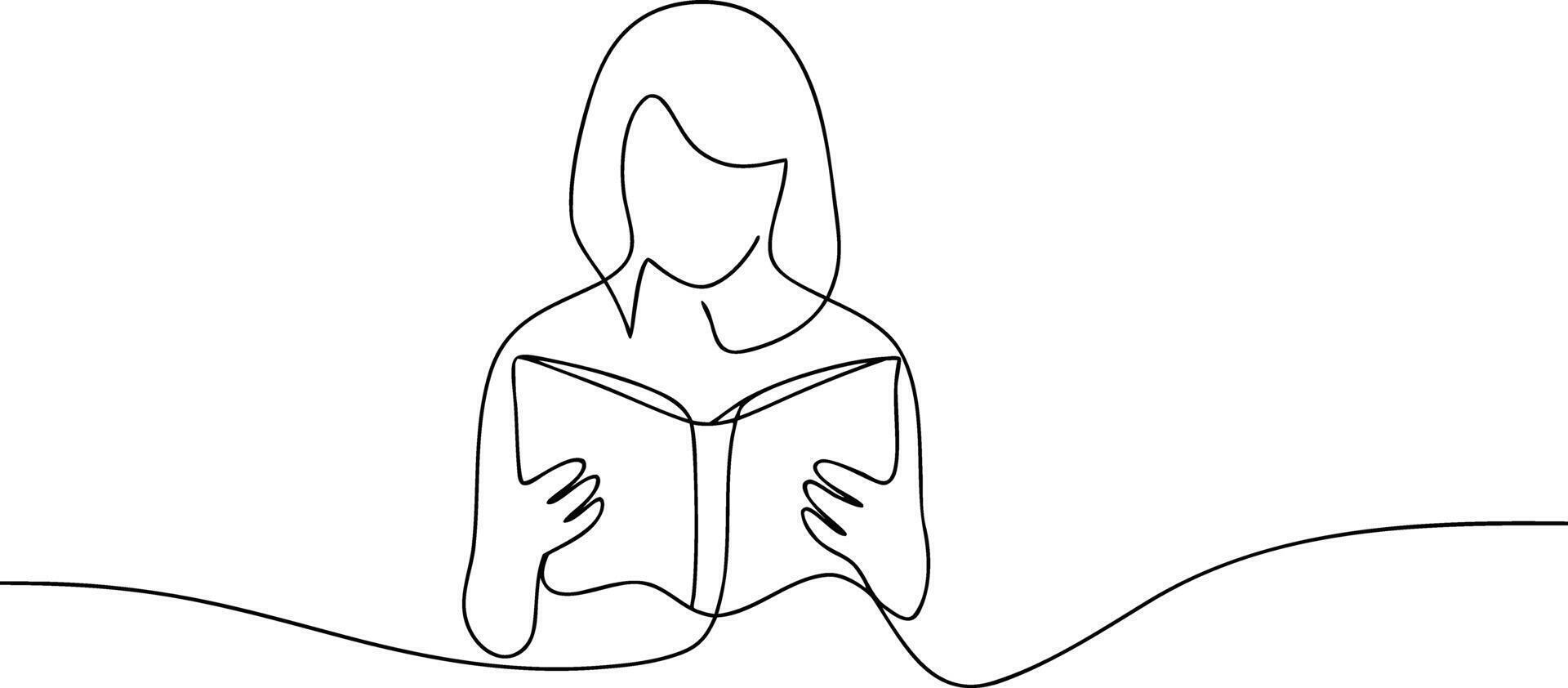 Single line drawing of a person reading a book continuous line art vector