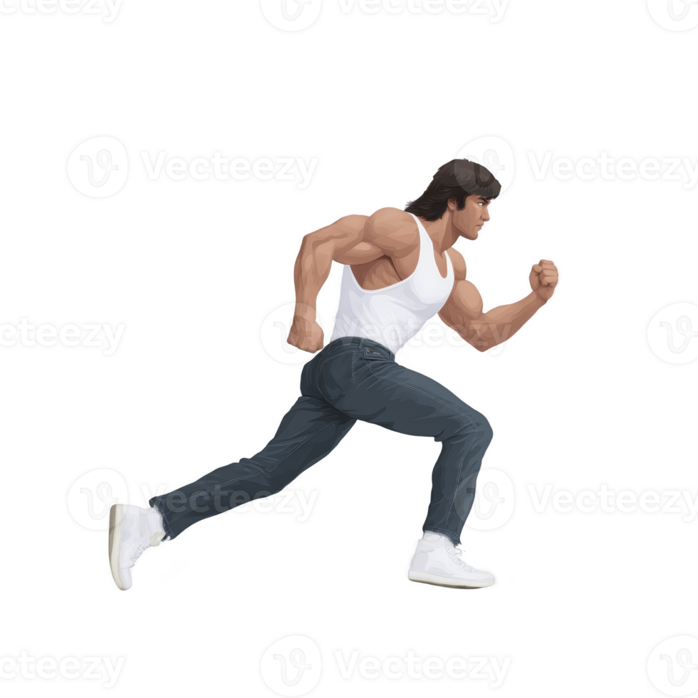Atlético homem muscular corrida branco tanque topo azul jeans branco tênis determinado açao isolado ginástica png