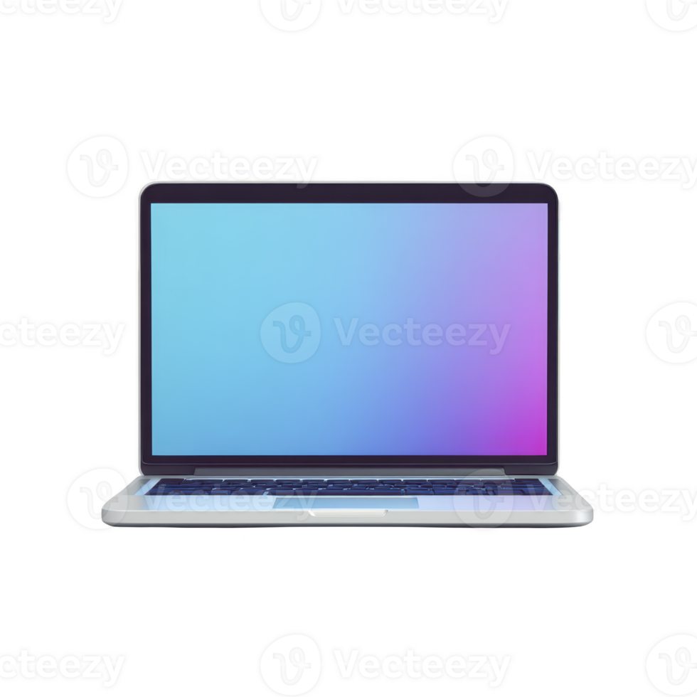 Laptop computer technology device screen digital modern portable gradient blue purple open keyboard electronic internet workspace office work business blank display desktop wireless communication png