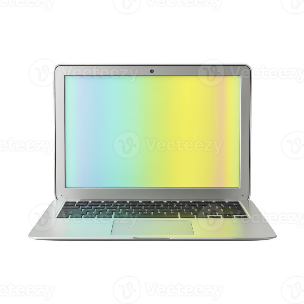 aberto prata computador portátil com arco Iris gradiente tela, moderno portátil computador, digital dispositivo para trabalhos ou estudar, isolado em transparência fundo, mínimo projeto, tecnologia conceito png