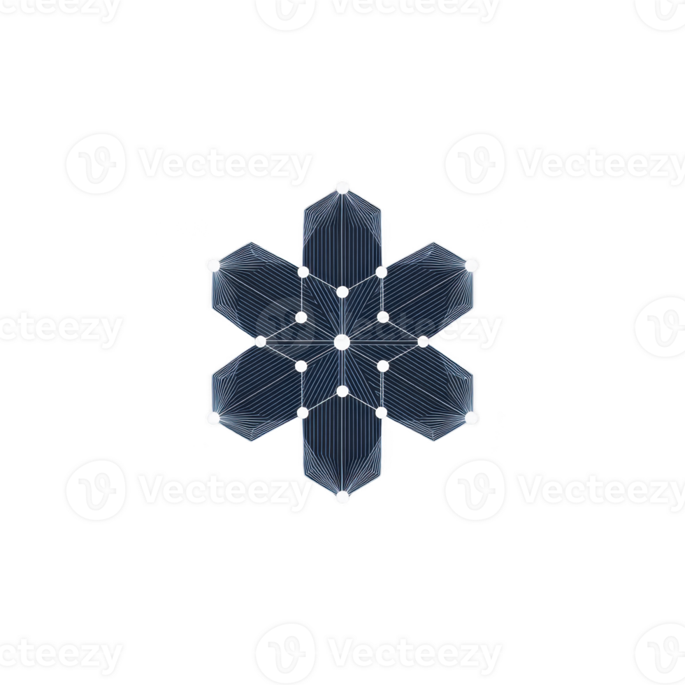 Geometric snowflake abstract hexagon pattern digital art futuristic design symmetrical lines glowing points transparency background modern minimal style winter concept calm mood png