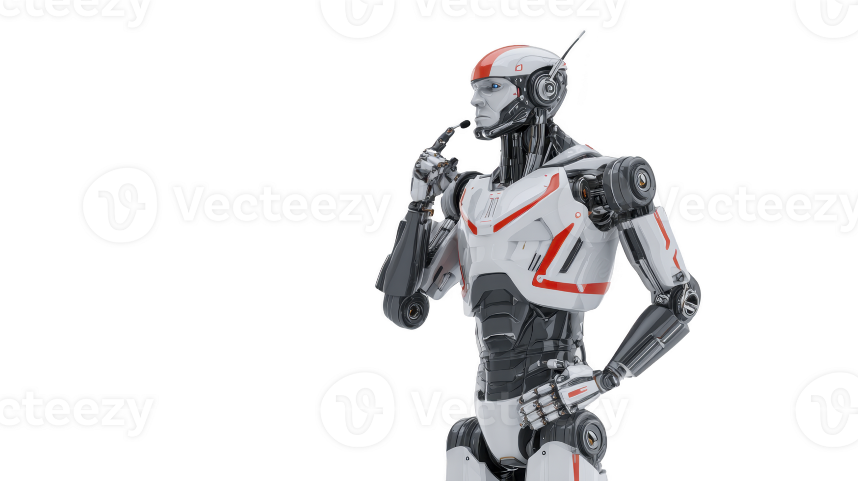 Futuristic robot thinking with hand on chin, white and red humanoid android, artificial intelligence concept, isolated on transparent background png