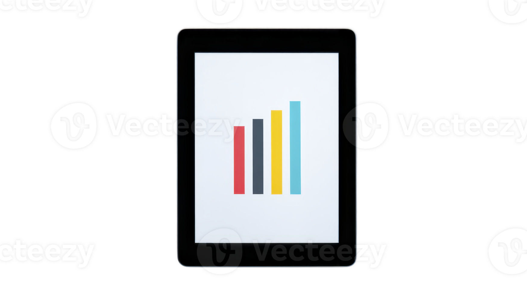 Tablet digital device bar chart data graph technology screen display modern colorful Digital tablet displaying colorful bar chart with red black gray yellow and blue bars representing data png