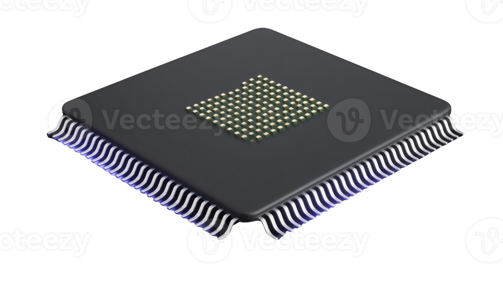 microchip Preto quadrado isolado em transparência fundo com metálico alfinetes e ouro Contatos moderno tecnologia digital componente inovação futurista Projeto png