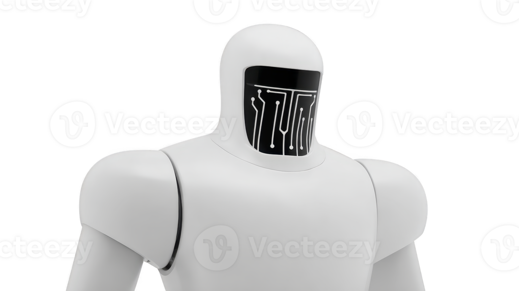 Humanoid robot white body black digital face futuristic design artificial intelligence technology innovation isolated on transparency background modern robotics emotionless expression png