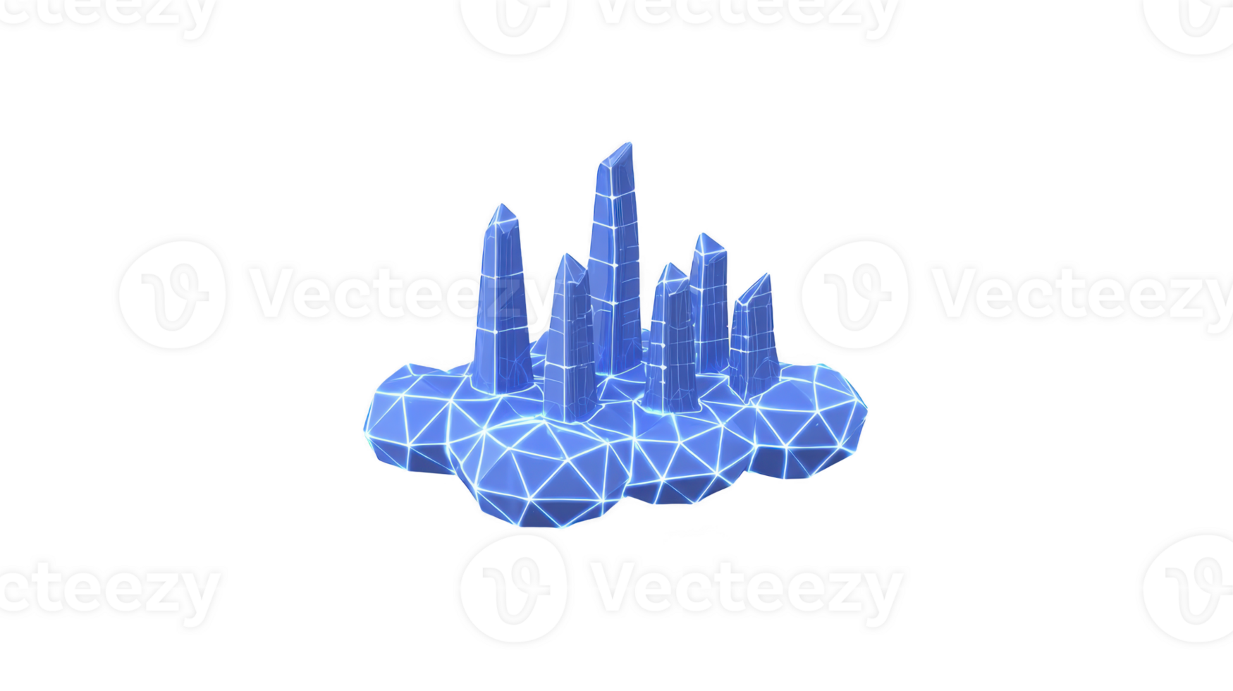 Futuristic blue crystal cluster with geometric polygonal grid, glowing lines, and sharp peaks, isolated on transparency background, evokes digital, sci fi, and modern technology vibe png