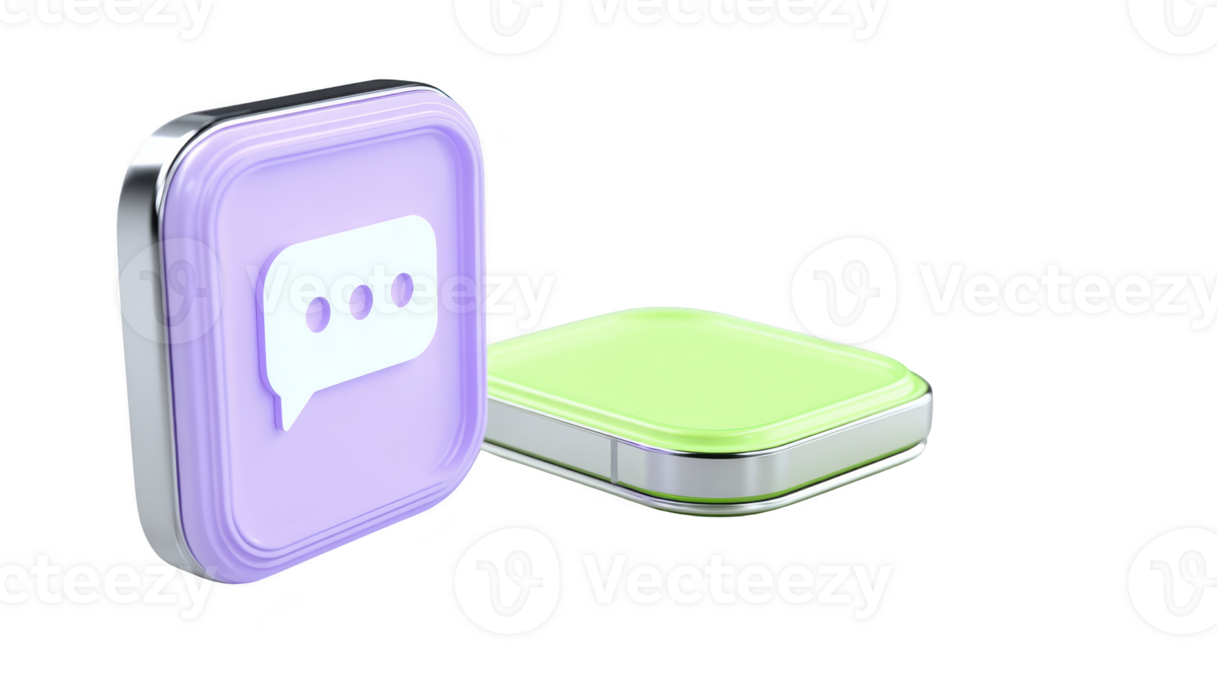 3d icon chat bubble speech symbol pastel color purple green square button metallic edge modern digital communication isolated minimal glossy user interface technology app social media web message png