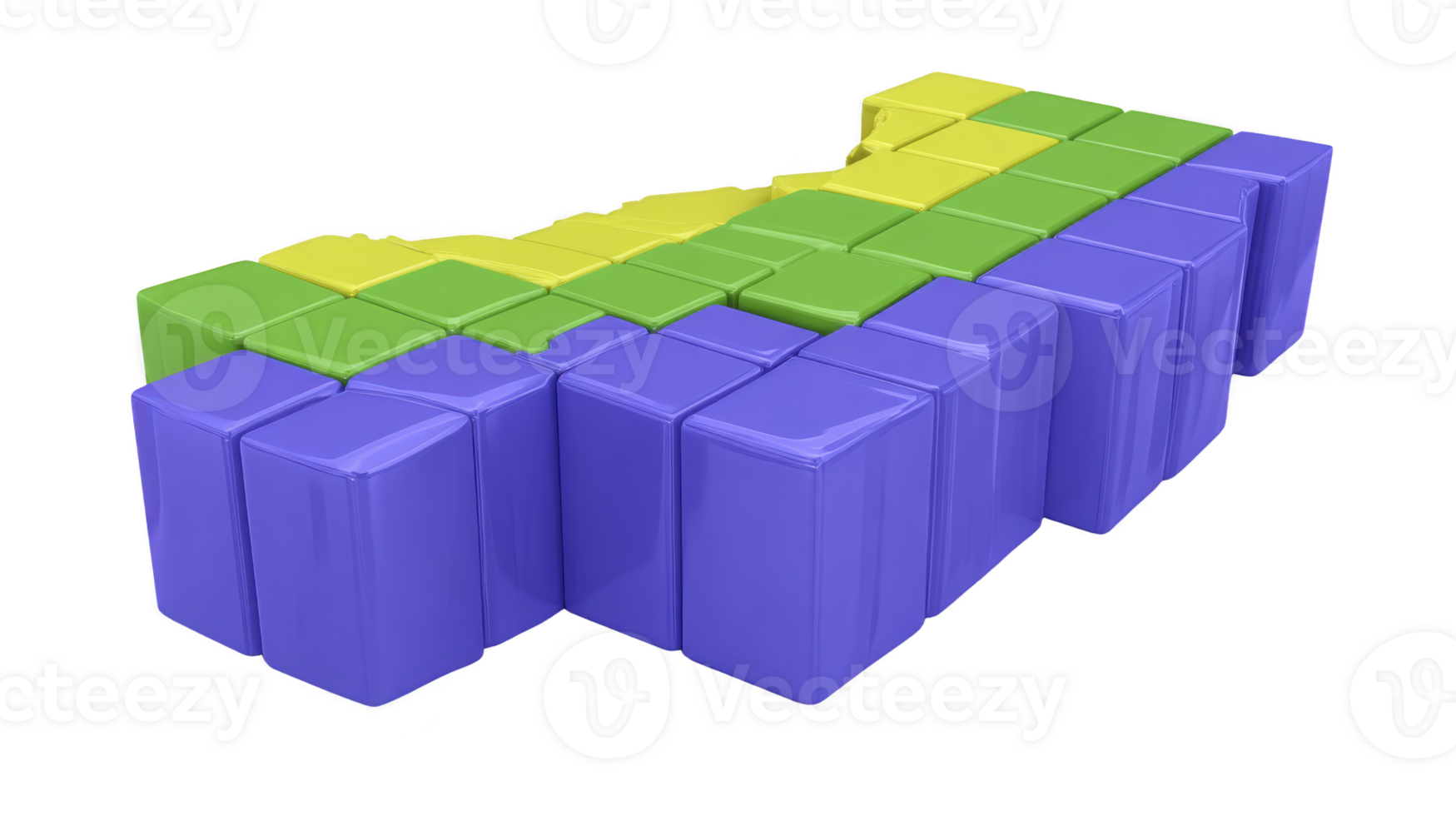 3D bar graph with glossy purple, green, and yellow blocks, representing data visualization or statistical analysis, isolated on transparency background, modern and abstract style png