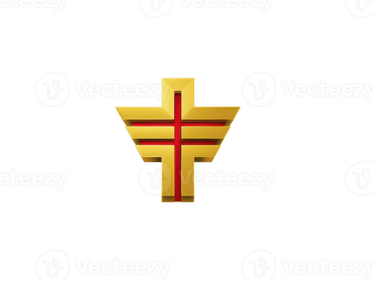 Golden cross with red lines, geometric design, isolated on transparent background, symbolizing strength, unity, and modern style, suitable for logos or emblems png