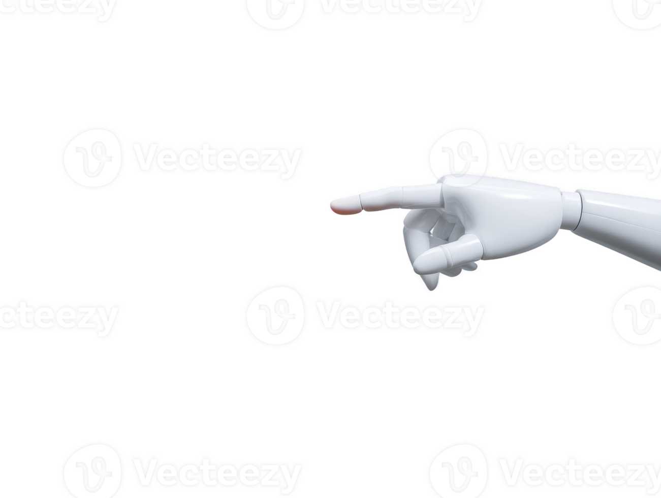 Robotic hand white pointing isolated 3D render technology artificial intelligence futuristic gesture digital Robotic hand with white surface pointing forward isolated transparency background png