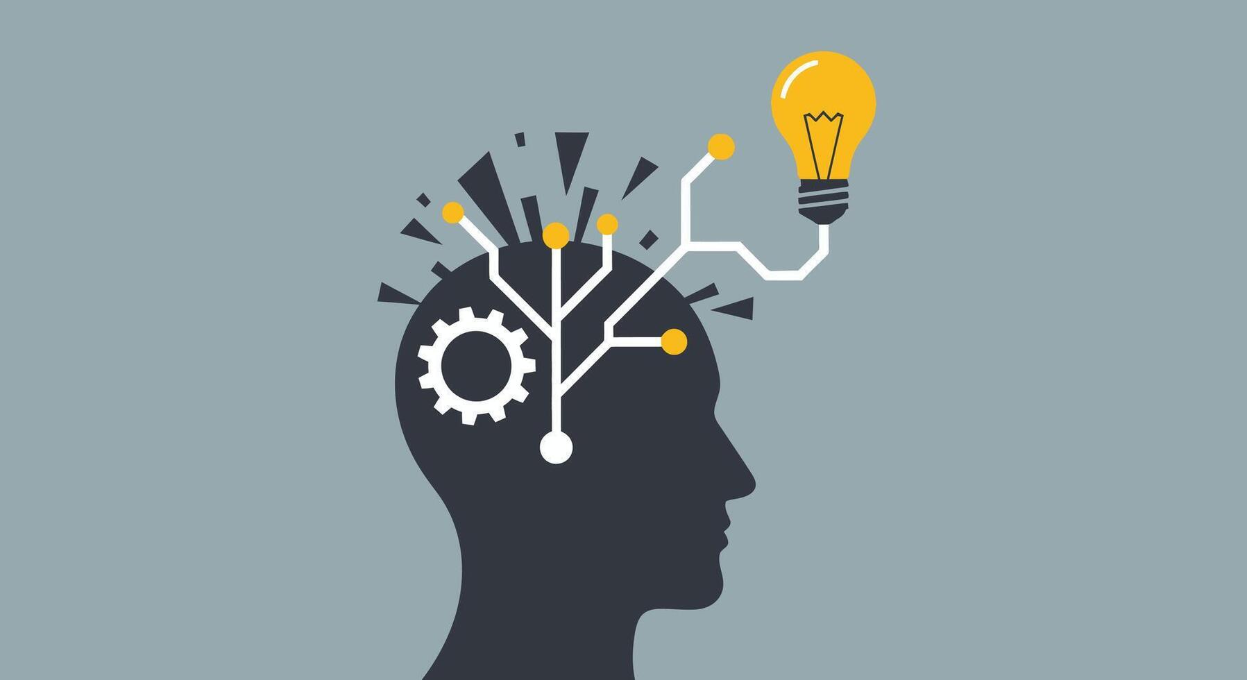 Silhouette of a human head with a lightbulb and circuitry, symbolizing innovation, ideas, and artificial intelligence vector