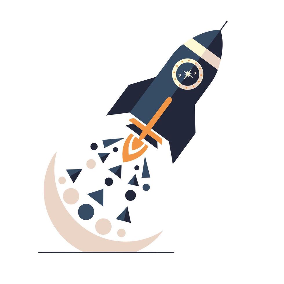 Rocket ship launching with a trail of geometric shapes and a crescent moon vector