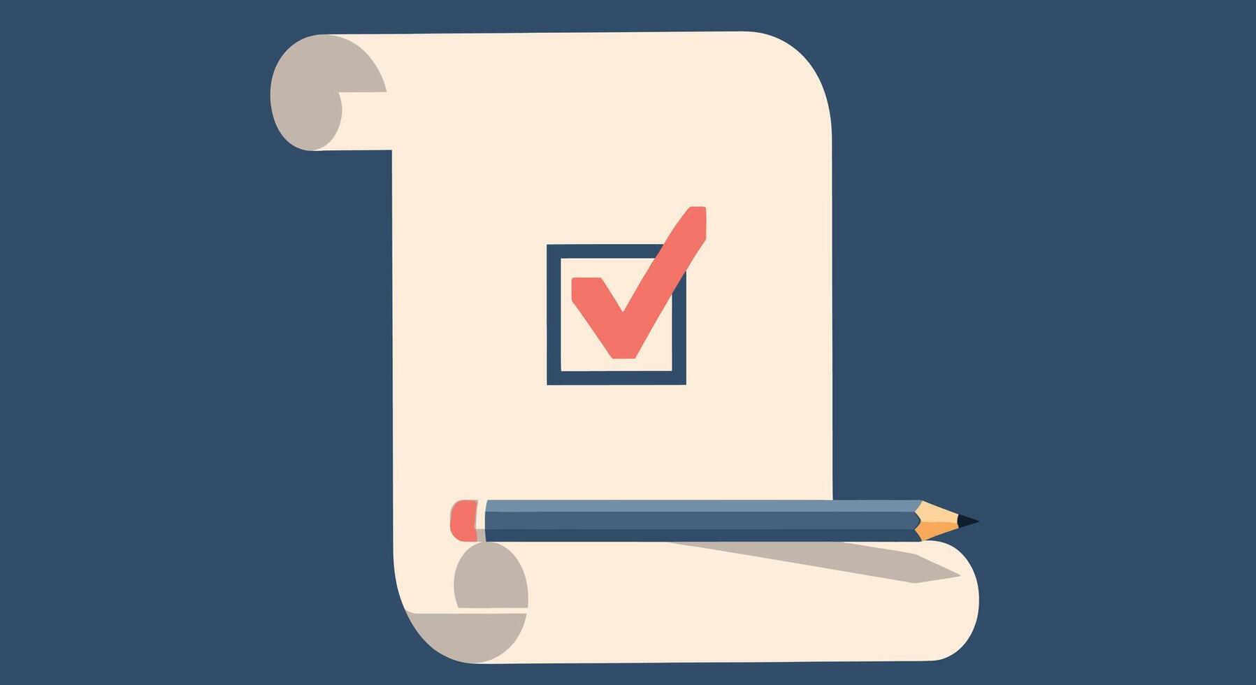 un enrollada documento con un caja y un marca de verificación, siguiente a un lápiz, simbolizando tarea terminación y aprobación vector
