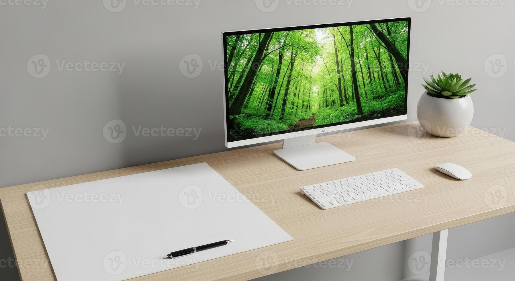 Computer desk with monitor and keyboard photo